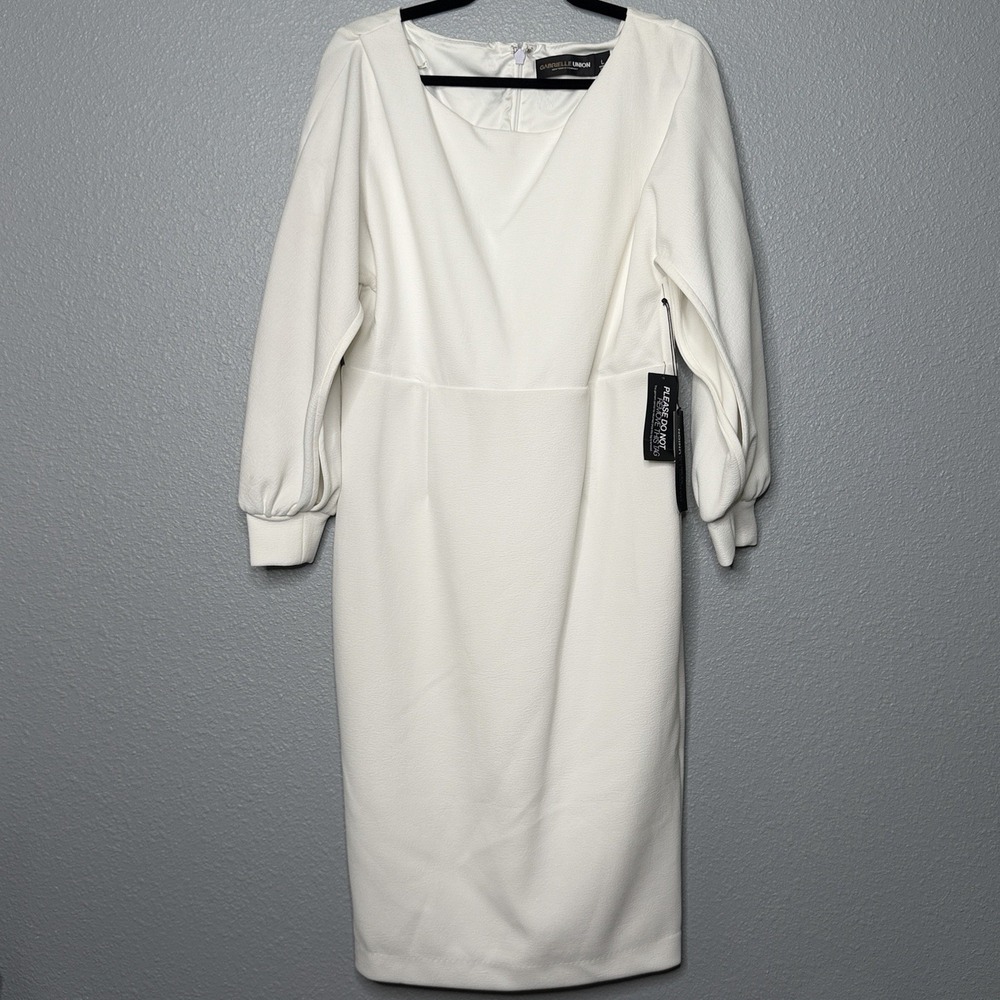 Gabrielle Union New York & Company White Sheath Dress L Balloon Sleeve Midi NEW